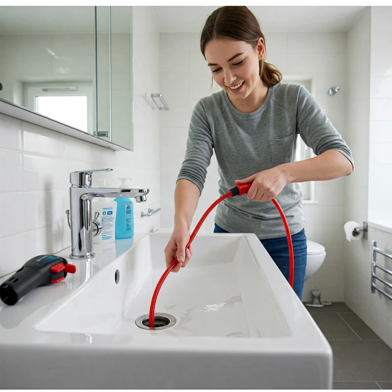 Homeowner snaking a drain